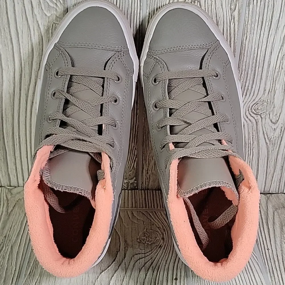 Converse Grey Leather High Top Sneakers Coral Pink Terry Lining Juniors Size 6